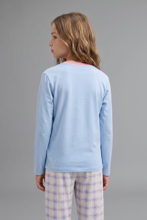 Uzun Kollu Kalp Baskılı Kareli Alt 2'li Pijama Takımı Kız Çocuk