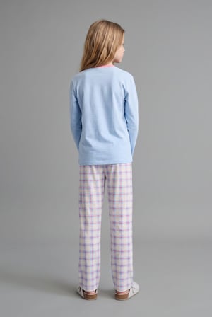 Uzun Kollu Kalp Baskılı Kareli Alt 2'li Pijama Takımı Kız Çocuk