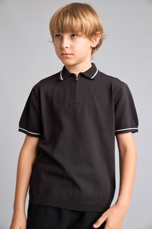 Polo Yaka Şerit Detaylı Yarım Fermuarlı Triko Basic Tişört Erkek Çocuk