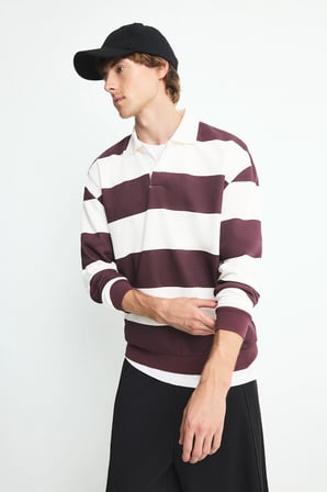 Boxy Fıt Polo Yaka Çizgili Sweatshirt