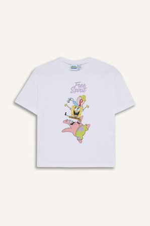 DeFacto %100 Pamuk SpongeBob Oversıze Bisiklet Yaka Kısa Kollu Tişört Kız Çocuk H3481A826HSWT79