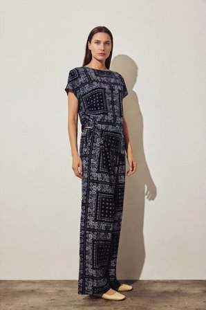 Wıde Leg Desenli Geniş Paça Keten Karışımlı Pantolon