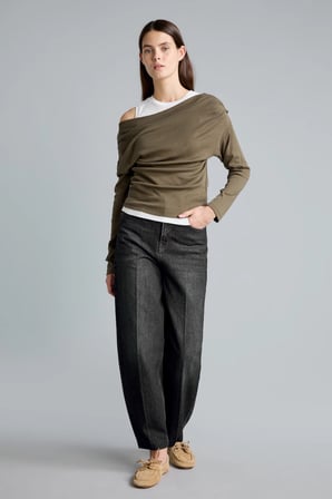%100 Pamuk Slim Fit Tek Omuzlu Drape Detaylı Ribana Uzun Kollu Basic Tişört
