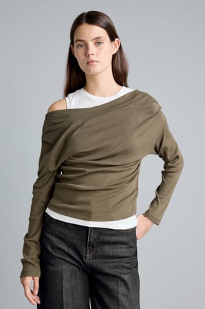 %100 Pamuk Slim Fit Tek Omuzlu Drape Detaylı Ribana Uzun Kollu Basic Tişört