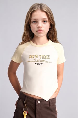 DeFacto Regular Fit Bisiklet Yaka Reglan Kol Baskılı Kız Çocuk Tişört I6161A826SMER99