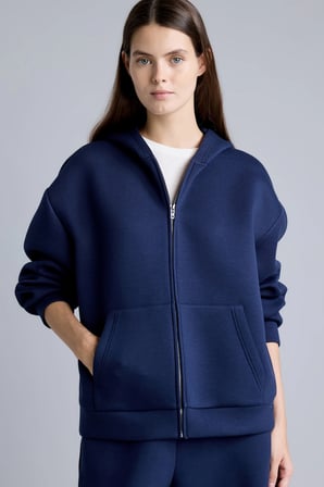 Relaxed Fit Kapüşonlu Fermuarlı Cepli Skuba Dalgıç Kumaş Basic Hırka