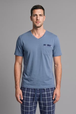 DeFacto New Regular Fıt Kısa Kollu Üst Ekose Alt 2'li Pijama Takımı H7441AX26AUBE485