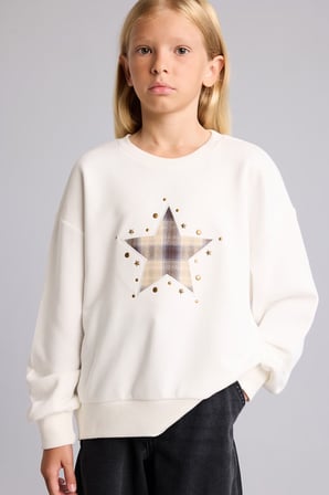 Relax Fit Bisiklet Yaka Yıldız Detaylı Uzun Kollu Sweatshirt Kız Çocuk