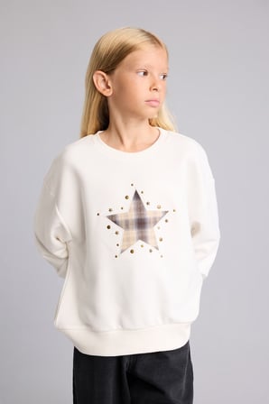 Relax Fit Bisiklet Yaka Yıldız Detaylı Uzun Kollu Sweatshirt Kız Çocuk