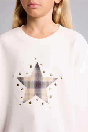 Relax Fit Bisiklet Yaka Yıldız Detaylı Uzun Kollu Sweatshirt Kız Çocuk