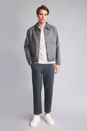 Regular Fit Polo Yaka Çıtçıtlı Dikiş Detaylı Süet Mont
