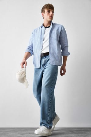 %100 Pamuk Baggy Fıt Geniş Paça Jean Açık Mavi Pantolon