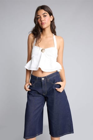 Yüksek Bel Geniş Paça indigo Bermuda Jean Şort