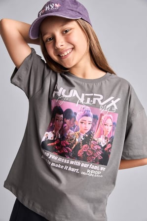 DeFacto Kpop - Demon Hunters Lisanslı Bisiklet Yaka Kısa Kollu Gri Tişört Kız Çocuk I0026A826HSGR505