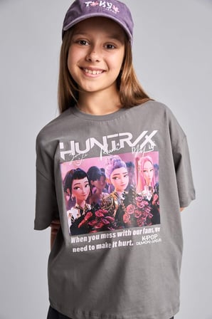 DeFacto Kpop - Demon Hunters Lisanslı Bisiklet Yaka Kısa Kollu Gri Tişört Kız Çocuk I0026A826HSGR505
