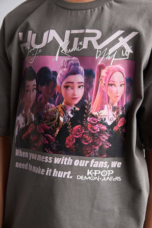 DeFacto Kpop - Demon Hunters Lisanslı Bisiklet Yaka Kısa Kollu Gri Tişört Kız Çocuk I0026A826HSGR505