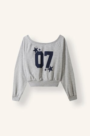 Oversize Kayık Yaka Baskılı Kalın Crop Sweatshirt