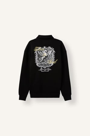 Boxy Fit Basic Polo Yaka Uzun Kollu İşlemeli Sweatshirt