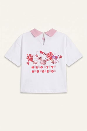 DeFacto %100 Pamuk Hello Kitty Lisanslı And Friends Penye Kısa Kollu Beyaz Tişört Kız Bebek I0216A526AUWT79