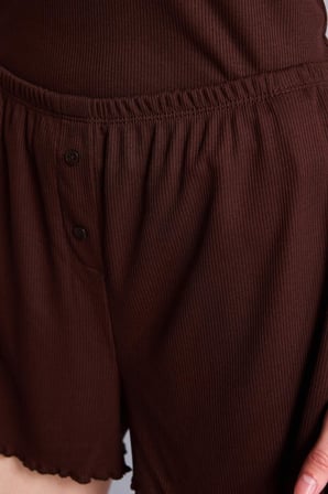 DeFacto Regular Fıt Kısa Kollu Şortlu 2'li Ribana Kahverengi Pijama Takımı I1178AX26SMBN341