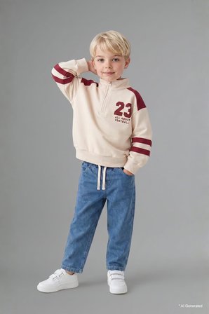 DeFacto Dik Yaka Fermuarlı Baskılı Sweatshirt Üst Jean Pantolon 2'li Takım Erkek Bebek I0614A526AUER98