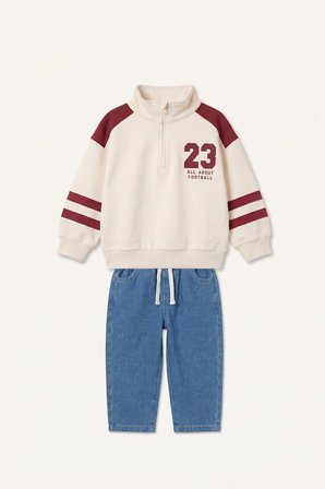 DeFacto Dik Yaka Fermuarlı Baskılı Sweatshirt Üst Jean Pantolon 2'li Takım Erkek Bebek I0614A526AUER98