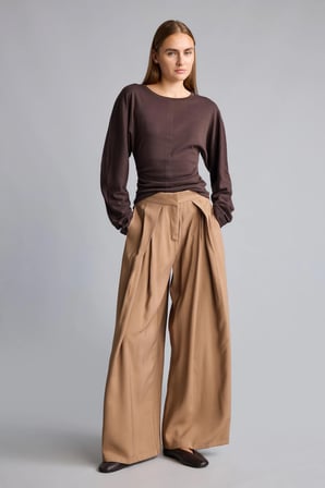 Pileli Wide Leg Uzun Akışkan Kumaş Pantolon