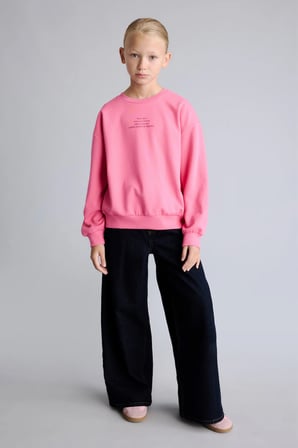 Relaxed Fit Bisiklet Yaka Baskılı İçi Yumuşak Tüylü Sweatshirt Kız Çocuk