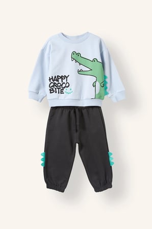 Hayvan Desenli İnce Sweatshirt Kumaşı 2'li Takım Erkek Bebek