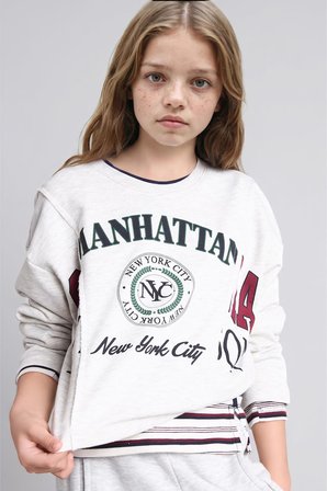 DeFacto Pamuklu Relax Fıt Kısa Kollu Bisiklet Yaka Baskılı Kalın Sweatshirt Kız Çocuk H9737A826AUGR421
