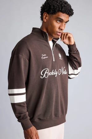 NBA Brooklyn Nets Yarım Fermuarlı Dik Yaka Oversize Sweatshirt