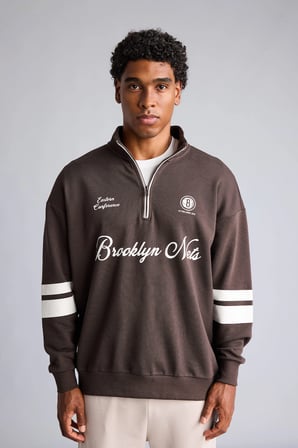 NBA Brooklyn Nets Yarım Fermuarlı Dik Yaka Oversize Sweatshirt