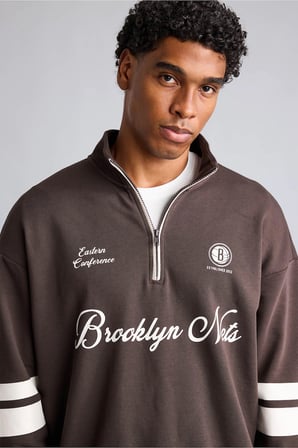 NBA Brooklyn Nets Yarım Fermuarlı Dik Yaka Oversize Sweatshirt