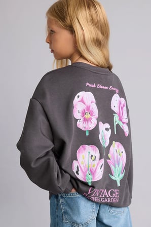 Relax Fit Bisiklet Yaka Sırt Baskılı Çiçekli Sweatshirt Kız Çocuk