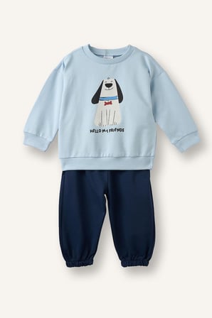 Dinozor Baskılı Sweatshirt Üst Lastikli Paça Alt 2'li Takım Erkek Bebek