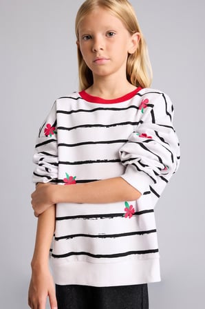 Relax Fit Çizgili Çiçekli Bisiklet Yaka Uzun Kollu Sweatshirt Kız Çocuk