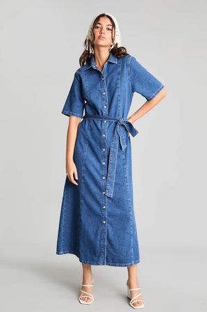 A Kesim Gömlek Yaka Kısa Kollu Lacivert Midi Jean Elbise