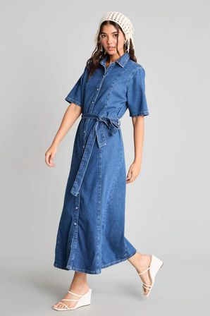 A Kesim Gömlek Yaka Kısa Kollu Lacivert Midi Jean Elbise