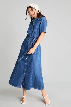 A Kesim Gömlek Yaka Kısa Kollu Lacivert Midi Jean Elbise