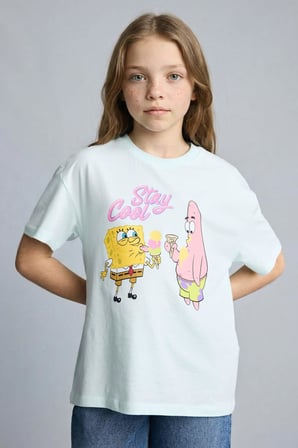 DeFacto %100 Pamuk SpongeBob Oversıze Bisiklet Yaka Kısa Kollu Tişört Kız Çocuk G8198A826SMTR143