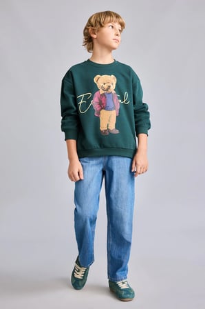 Oversize Bisiklet Yaka Ayıcık Figürlü Baskılı Uzun Kollu Sweatshirt Erkek Çocuk