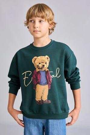 Oversize Bisiklet Yaka Ayıcık Figürlü Baskılı Uzun Kollu Sweatshirt Erkek Çocuk