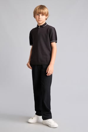 Polo Yaka Şerit Detaylı Yarım Fermuarlı Triko Basic Tişört Erkek Çocuk