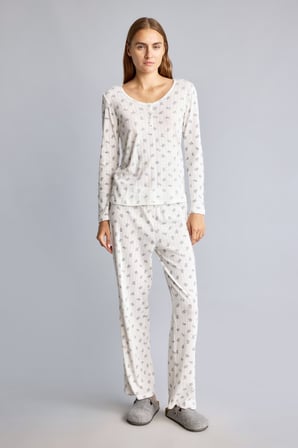 DeFacto Çiçekli Düğme Detaylı Regular Fit Uzun Kollu 2'li Pijama Takımı F9837AX26AUER85
