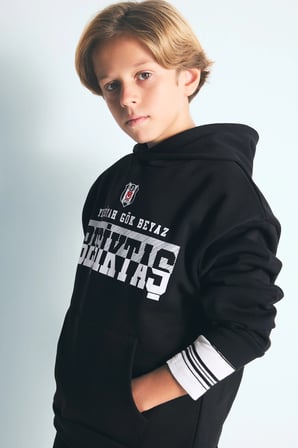 Beşiktaş Kapüşonlu Kanguru Cepli Baskılı Sweatshirt Erkek Çocuk
