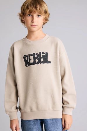 Oversıze Bisiklet Yaka Waffle Sweatshirt Erkek Çocuk