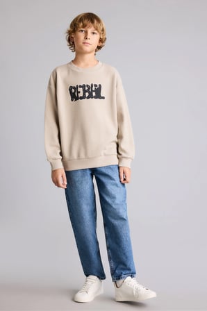 Oversıze Bisiklet Yaka Waffle Sweatshirt Erkek Çocuk