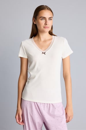 Regular Fit V Yaka Kısa Kollu Dantel Detaylı Üst Esnek Belli Alt Ribana Pijama Takımı