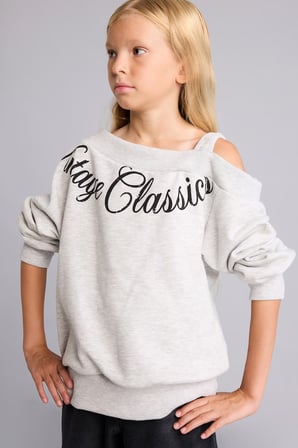 Asimetrik Omzu Açık Baskılı Sweatshirt Kız Çocuk