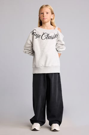 Asimetrik Omzu Açık Baskılı Sweatshirt Kız Çocuk